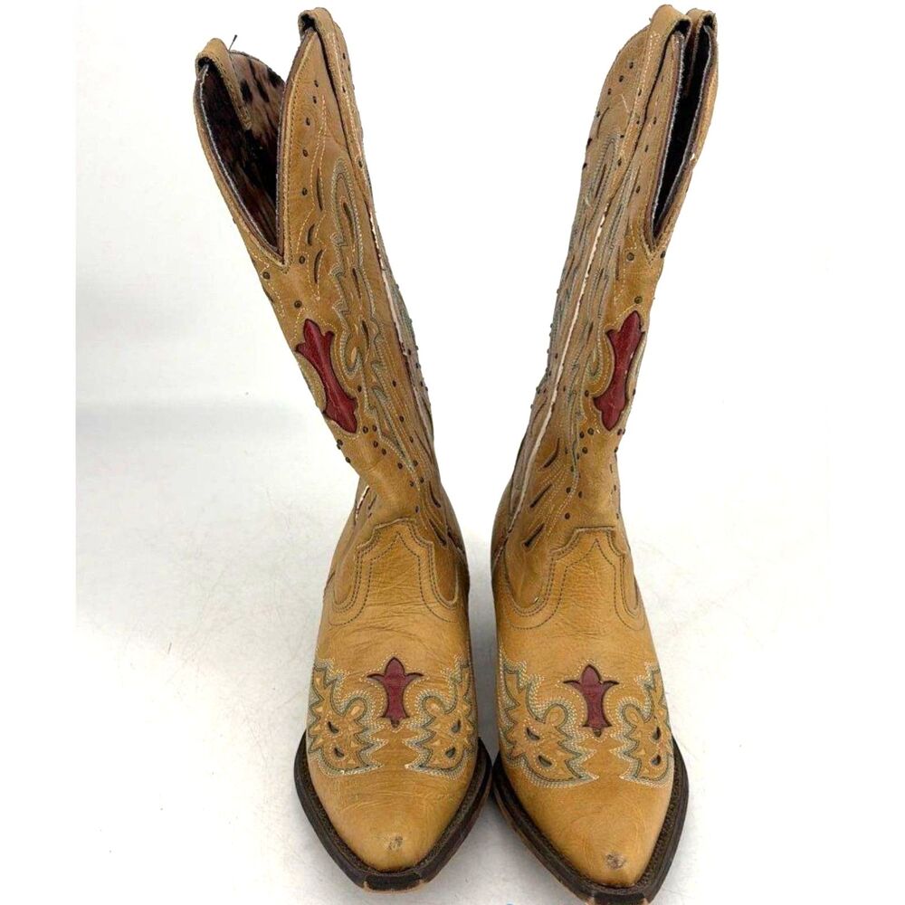 Laredo 52152 Crosswing Western Boots Women 8.5 M Tan Red Leather Cross Snip Toe